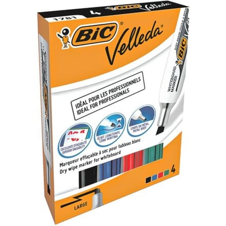 BIC Velleda 1781 Whiteboardstiften Brede Kogelpunt - Diverse Kleuren,verpakking van 4 Stuks