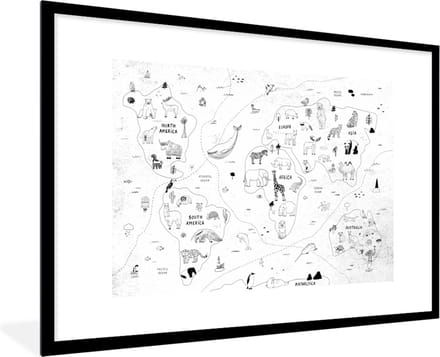 Wereldkaart - Kinderen - Wit - Zwart - Schoolplaat - Kinderkamer - 90x60 cm