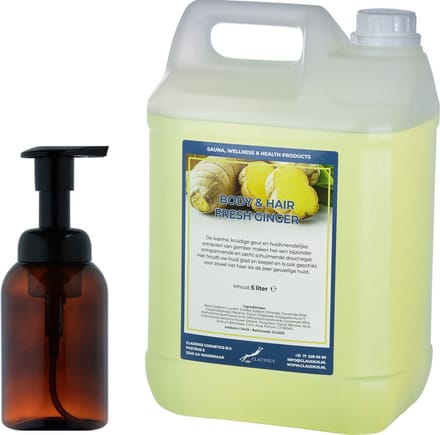 Zeepdispenser 300 ml amber bruin hervulbaar + 5 liter Body & Hair Fresh Ginger navulling