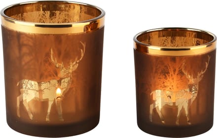 Dekoratief | Set 2 theelichthouders 'Smokey Deer', glas, 9x9x10cm | A245083