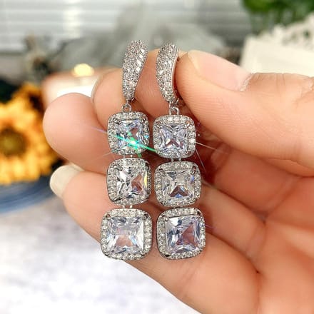 POMOiii Drie Vierkante Zirkoon Oorbellen Damesmode Luxe Bruids Bruiloft Wit/Blauw/Groen/Rood Oorbellen Sieraden