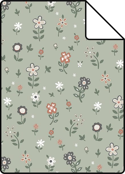 Proefstaal ESTAhome behang bloemetjes vergrijsd groen - 26.5 x 21 cm - 139287-S