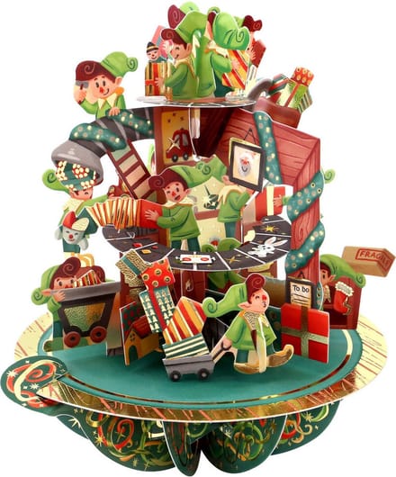 3D Swing Pop-up Kerst Wenskaart met envelop santa's workshop xps095