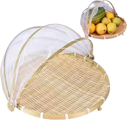 Ronde bamboe fruitmand met stofdichte gaasafdekking en deksel