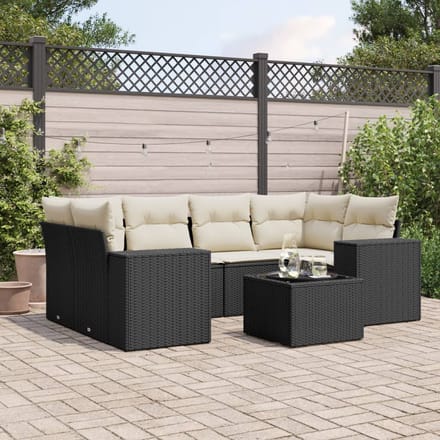 vidaXL - 7-delige - Loungeset - met - kussens - poly - rattan - zwart