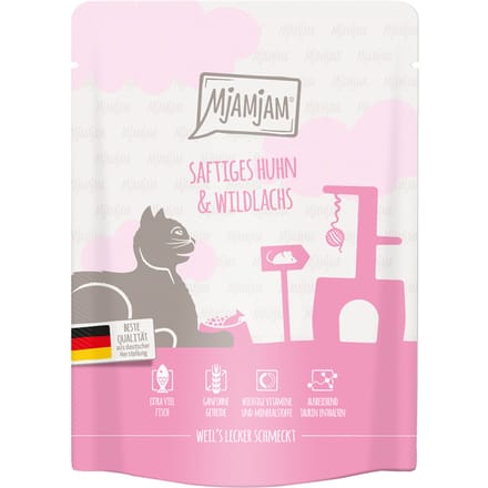 6x 300g MjAMjAM Squeeze Sappige Kip en Wilde Zalm Natte Kattenvoer