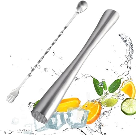 Cocktailstamper en lepel - ergonomisch - 26 cm - roestvrij staal - zilver