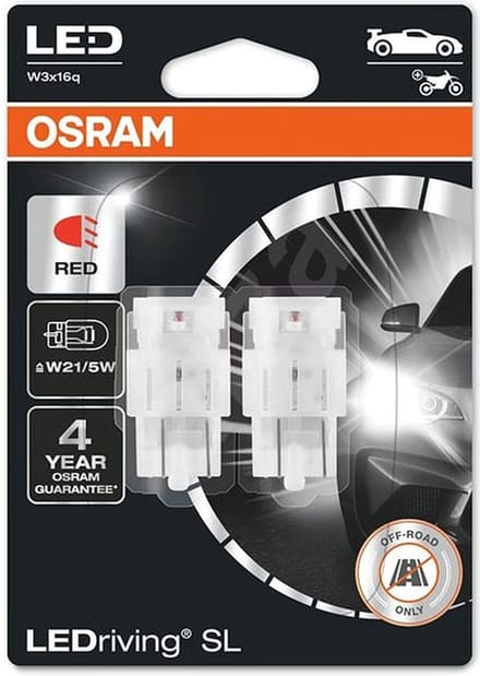 Osram W21/5W LED Retrofit Rood 12V W3x16q 2 Stuks