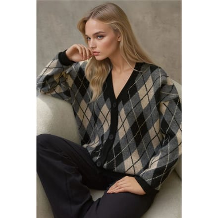 Lange V-hals Geometrische Gebreide Cardigan met Knopen