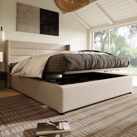 MODFU Bedframe 160x200 cm – beige linnen – modern 3-panel hoofdbord met hydraulische opbergruimte