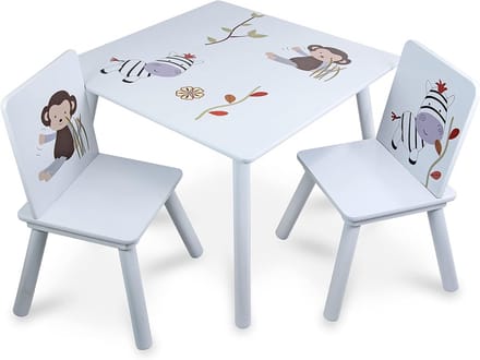 Houten bijzettafel met 2 kinderstoelen en dierpatronen