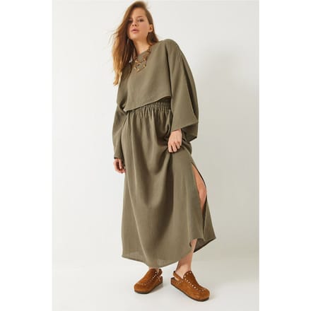 Textuur Blouse en Rok Set met Ronde Hals