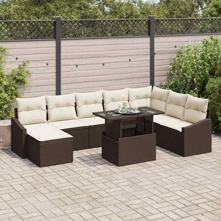 vidaXL Bankstel met kussen met opslag 9 pcs Bruin en Crème poly rattan