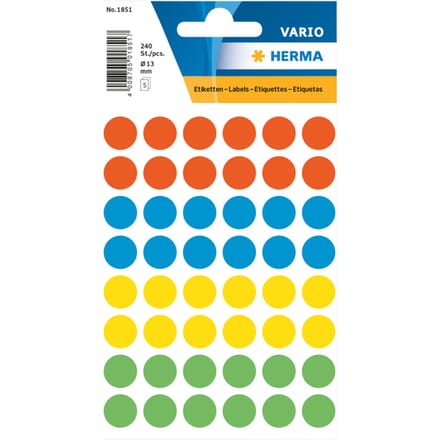 HERMA 1851 UNIVERSELE ETIKETTEN Ø12MM ASSORTI KLEUREN