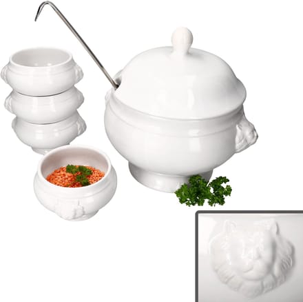 5-delige set LEO terrine met leeuwenkop 1x 2 liter & 4x 0,25L wit steengoed
