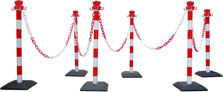 Set van 6 monobloc ABS-palen met 10 m ketting – verzwaarde basis – rood/wit