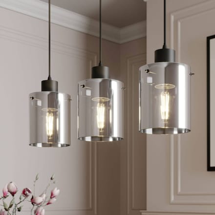 Lindby - hanglamp - 3lichts - Staal, glas - H: 18 cm - E27 - zwart, rookgrijs