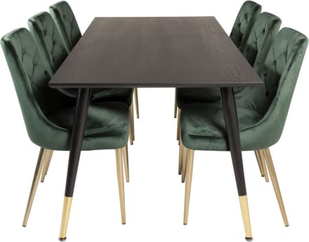Dipp180x90BLBR eethoek eetkamertafel zwart en 6 Velvet Deluxe eetkamerstal velours groente, messing decor.
