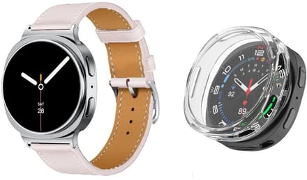 Strap-it Bundel – Leren Band (Roze) + Soft Case (Transparant) geschikt voor Samsung Galaxy Watch 8 (44mm)