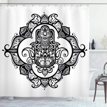 ABAKUHAUS Hamsa Douchegordijn – 175x240 cm – Wit/Zwart, Polyester, Waterafstotend