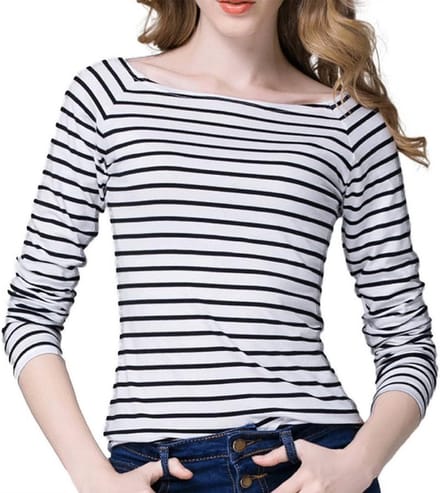 Dames T-Shirt met Lange Mouwen en Boothals - Gestreept en Getailleerd