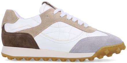 Manfield - Dames - Witte leren sneakers met beige suède details - Maat 40