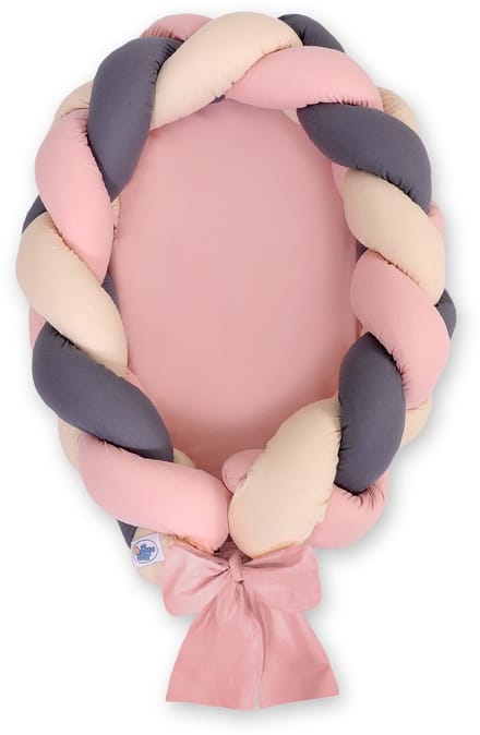 Gevlochten babynest 2 in 1 - beige-pastelroze-antraciet