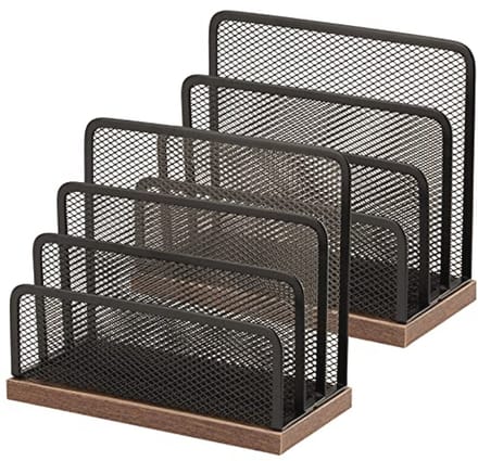 Bureau-organizer met metalen gaas en houten basis - Post- en documenthouder met 3 vakken