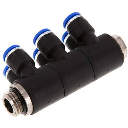 6mm x G1/4'' 6-way Manifold Messing/PA 66 Insteekfitting Buitendraad Draaibaar NBR