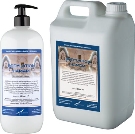 Bodylotion Hamam 1 liter met gratis pomp - hervulbaar + Jerrycan 5 liter navulling