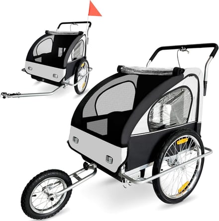 Fietsaanhanger Kinderwagen - Kinderkar - Kinderen Vervoeren - Gedempt Frame - 138 cm Lengte - Zilver Wit