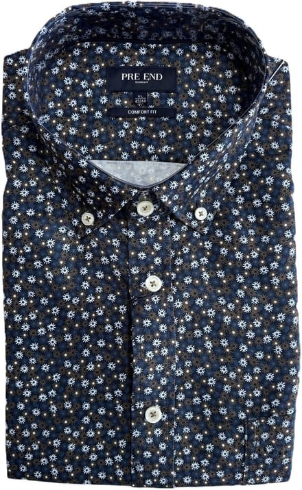 Pre End - Heren overhemd lange mouw - Donkerblauw gebloemd - Strijkvrij - Maat M