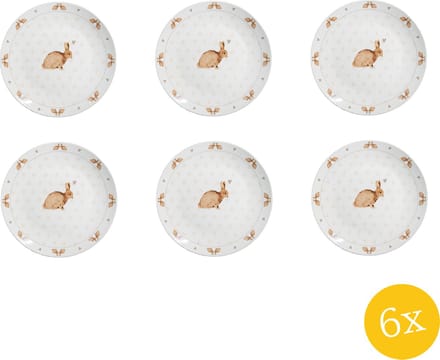 Clayre & Eef Dinerbord set van 6 stuks Ø 26 cm Wit Bruin Porselein Konijnen Eetbord