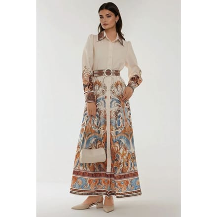 Geprinte Lange Mouwen Maxi Jurk met Riem