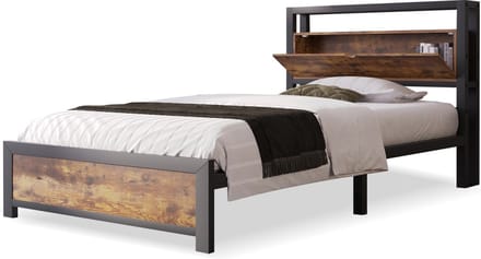 Merax Eenpersoonsbed 90x200 - Bed met Opbergruimte & Metalen Bedframe - Hout/Metaal