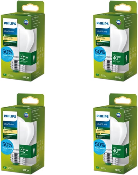 Philips Voordeelverpakking - E27 - Ultra Efficient - LED Standaard lamp - Mat - 40W - Niet Dimbaar - Warmwit Licht - Set van 4 Stuks