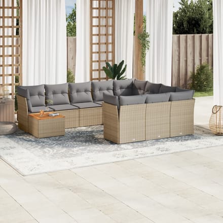 vidaXL - 11-delige - Tuinset - met - kussens - poly - rattan - beige