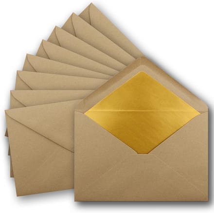 Set van 100 C5 Kraftpapier Enveloppen Zandbruin met Gouden Voering