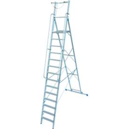 Aluminium trapladder, met groot platform, met veiligheidsbeugel en ketting, 14 treden