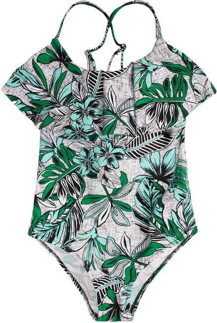 Badpak met volant voorkant - Jungle bloemen 128-134