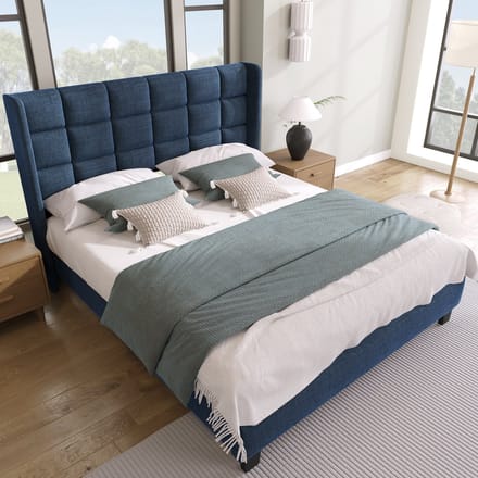 Polsterbed 140x200 cm - Gepolsterd hoofdeinde - Lattenbodem - Blauw linnen - Middelste stevigheid