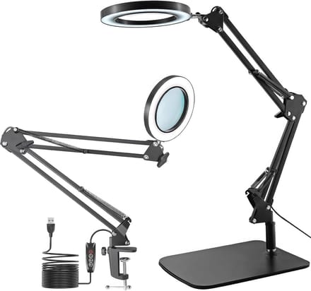 Vergrootglas met LED verlichting, bureau lamp met klem, 3 kleurmodi en 10 helderheidsinstellingen