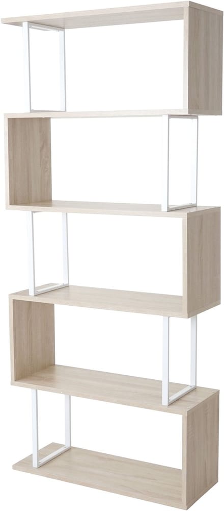 Boekenplank MCW-A27, staande plank, woonkamerplank, 183x80cm 3D structuur 5 niveaus ~ eiken look, wit metaal