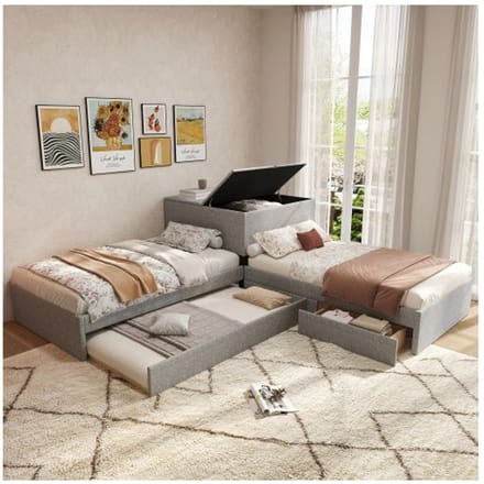 Lit d'angle - MUVOE - 90x200 - 2/3 places - Lit gigogne & tiroirs - Tissu lin gris gris