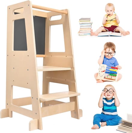 Montessori leertoren voor kinderen - 3 instelbare hoogtes, keukenhulp met bord