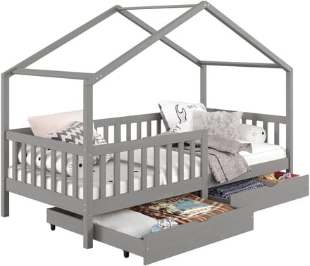 Huisbed ELEA, 90 x 200 cm, van massief grenenhout met lades - grijs