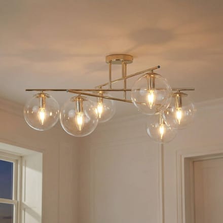 Domiluce Plafondlamp Zoe, goudkleurig, lengte 72 cm, 6-lamps, glas