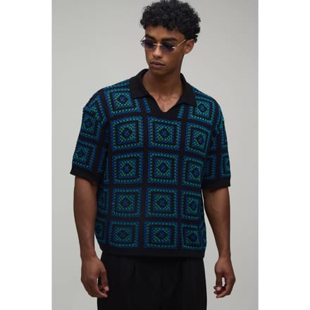 Oversized Boxy Crochet Tapestry Knitted Polo T-Shirt | Green | Size Medium