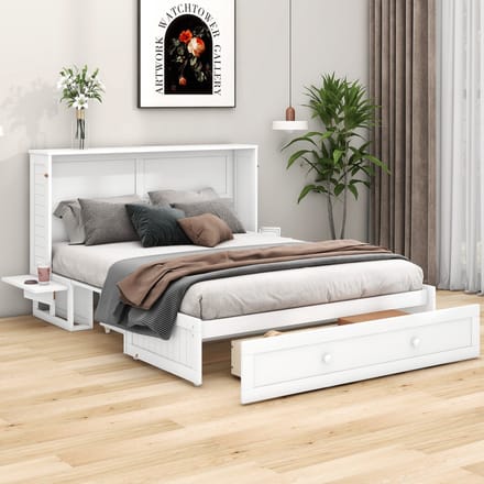 MODFU Bedframe 140x200 cm – wit – omvouwbaar tot kast met lade en 2 zijplanken