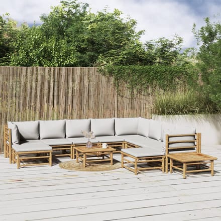 vidaXL - 12-delige - Loungeset - met - kussens - bamboe - lichtgrijs